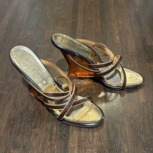 QualtiCraft vintage  Brown and Tan Strappy Wedges with clear plastic wedge